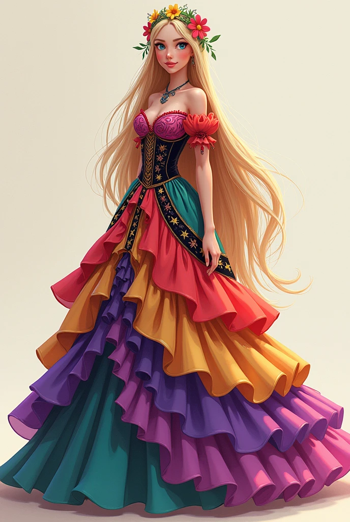 Full body. Disney princess. A young woman on her 20's with long blond hair and blue eyes. She's wearing a lolitta dress (purple, Mexican pink, orange, yellow, green, blue and balck). Cempasuchil flowers on her hair. Tall and elegant.