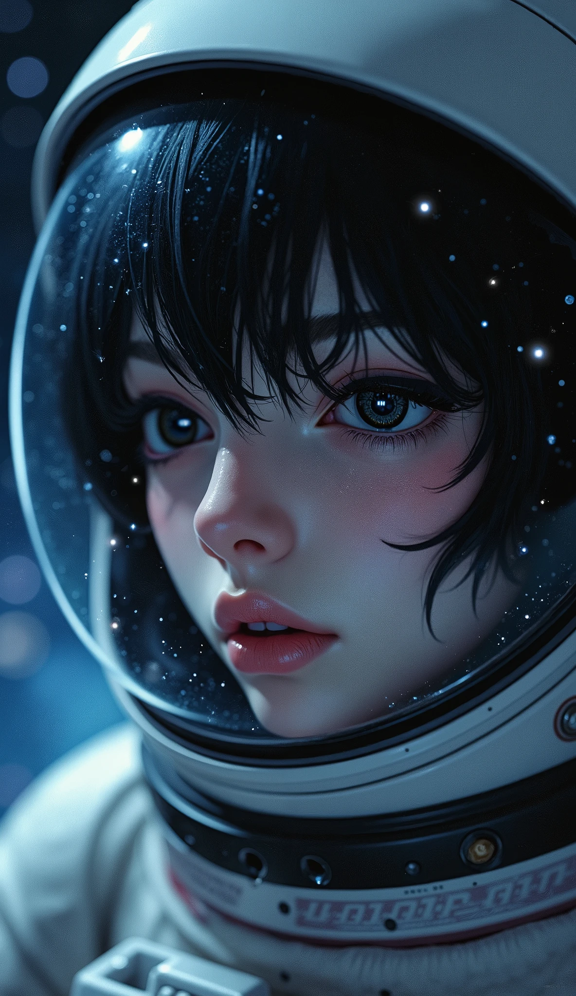 (Face close-up:1.5)0.9]、(Space and astronauts:1.2) (Messy black hair:1.1) (Heterochromia and black eyes:1.2) (Space Helmet:1.0) (Colored stars in the eyes:1.0) (Shining Sparkle:1.1) (Thick lips:0.9)、Stars reflected in the helmet々、lament