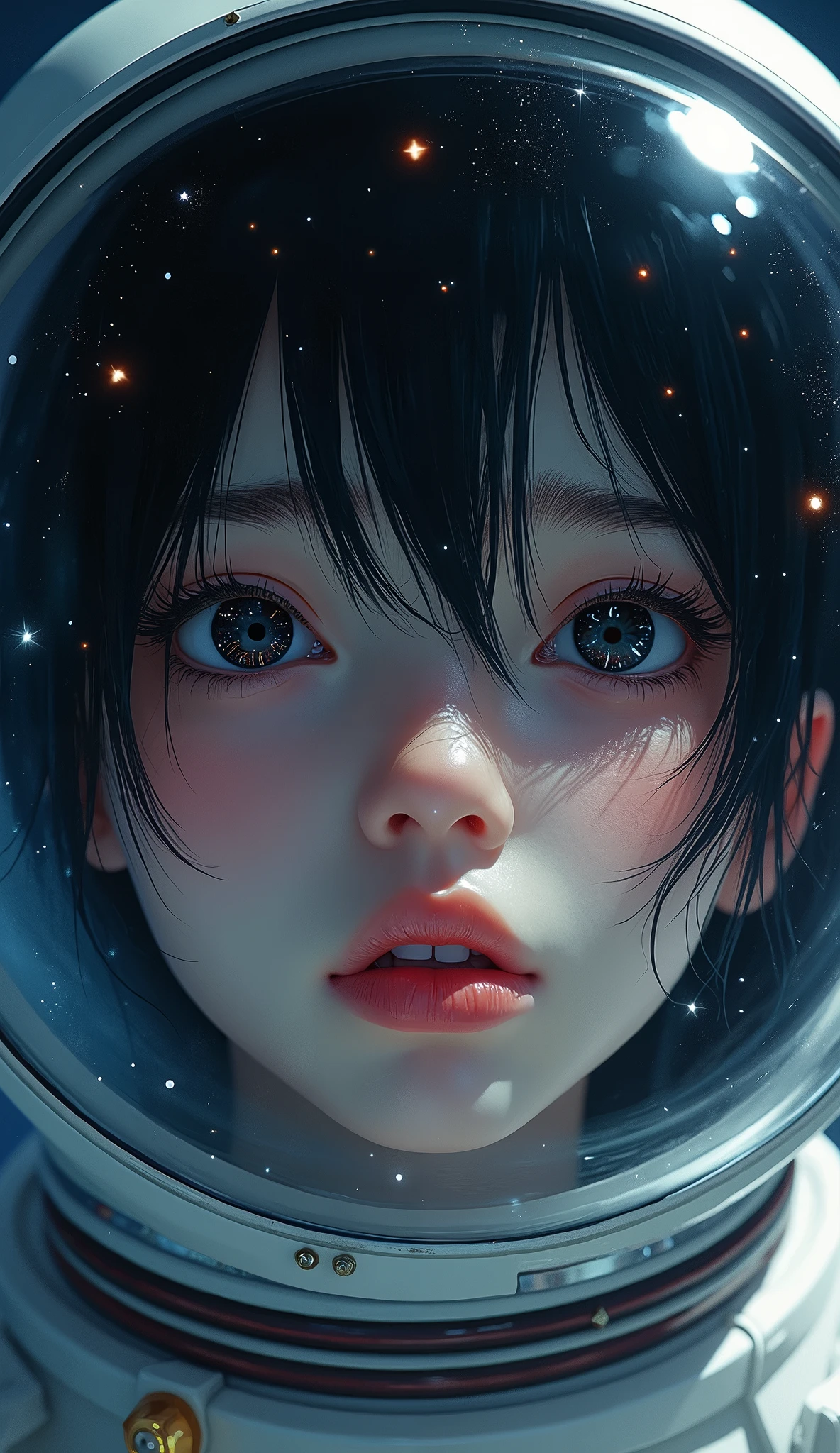 (Face close-up:1.5)0.9]、(Space and astronauts:1.2) (Messy black hair:1.1) (Heterochromia and black eyes:1.2) (Space Helmet:1.0) (Colored stars in the eyes:1.0) (Shining Sparkle:1.1) (Thick lips:0.9)、Stars reflected in the helmet々、lament