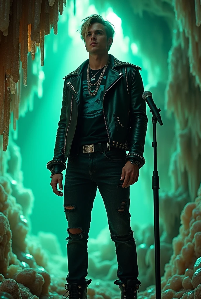 Description: The scene captures a moment of awe and wonder, featuring a blonde male model with striking blue eyes that enhance his undeniable charm. His athletic and toned physique is highlighted by his rockstar-inspired outfit: a black leather jacket with intricate silver studs, a fitted graphic t-shirt featuring a bold band logo, distressed black jeans, and heavy black boots. His look is completed with a few accessories—a silver chain necklace and a leather wristband—adding an edgy flair that contrasts with the ethereal surroundings. Situation: In this mesmerizing and illuminated scene, the model stands confidently inside a breathtaking crystal cave with a captivating greenish glow. The cavern's interior is adorned with stunning, luminous crystals that reflect and refract light, creating a kaleidoscope of colors, with an intriguing greenish hue adding depth and mystique to the space. The model’s defined muscles and rockstar outfit stand out against the sparkling backdrop of shimmering crystal formations and the verdant glow. His stance is relaxed yet curious, with one hand resting lightly on a crystal formation and the other casually holding a microphone stand, suggesting he's ready to perform. His gaze is directed towards the dazzling array of crystals and the verdant illumination, his expression a blend of awe and tranquility as he takes in the surreal beauty of the cave. The gentle, diffused light from the crystals and the greenish glow creates a warm, captivating atmosphere, highlighting the model’s features and the intricate details of the cave. The natural yet extraordinary setting, combined with the model’s striking appearance and rockstar vibe, creates a harmonious and enchanting atmosphere, capturing the essence of a mystical and adventurous escape. Keywords: summer, crystal cave, greenish glow, rockstar, leather jacket, model, nature, luminous, ethereal, scenic, indoors, adventure, natural beauty, stylish, toned, captivating.