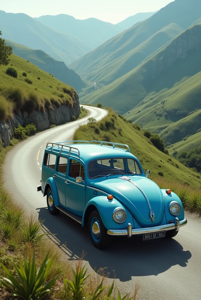 A blue 1990 Parati car driving on a hilly road