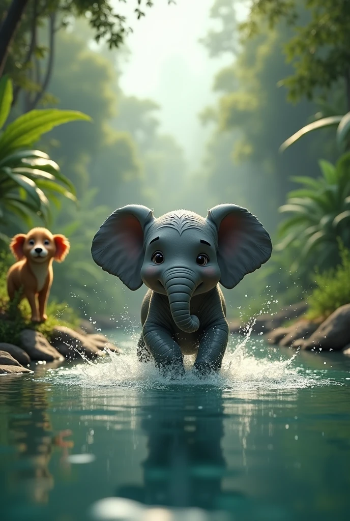A wide, calm river surrounded by dense jungle vegetation. Mali throws himself into the water, happily squirting and spraying water with its trunk, while Tara stands on the riverbank, keeping a close eye on the surroundings. in 3D animation, a young elephant