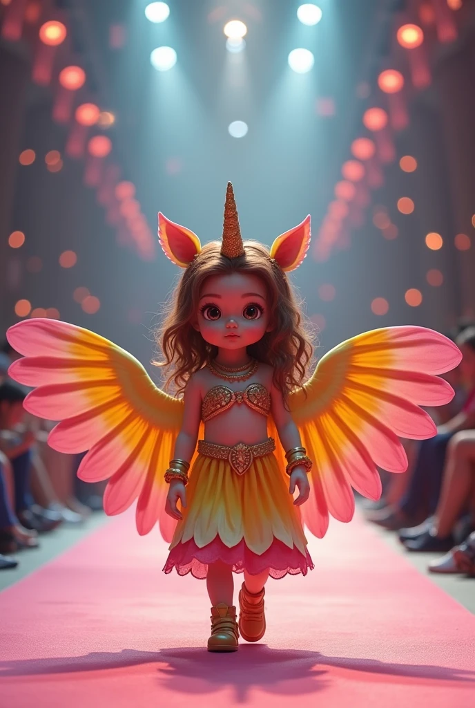 Create a scene where an adorable girl wears an outfit of the character Shira, a character from Hem Man and a real alicorn with wings in yellow, pink and rock with a caramel brown mane and horn walking next to the baby, and parading on the catwalk, ultra realistic 4k motion camera