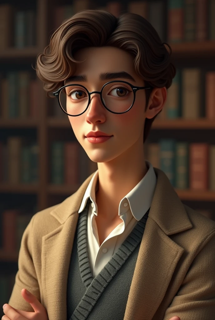 Tall boy with short brown curls, Italian factions, thesis clara, dressed in a sweater over a shirt and with round glasses