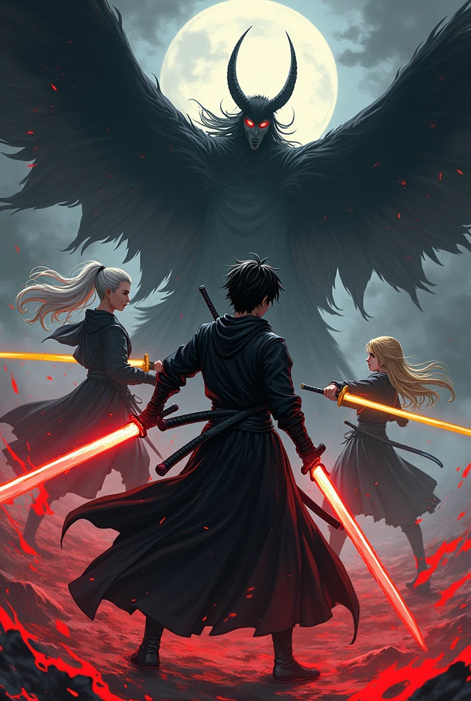 A final manga fight scene between a young man in a black-haired outfit who carries a katana that has a red aura, his old master who has white hair who carries a katana with a white aura and his best friend with blond hair who carries a katana with a yellow aura against a villain who has the power to summon shadows 