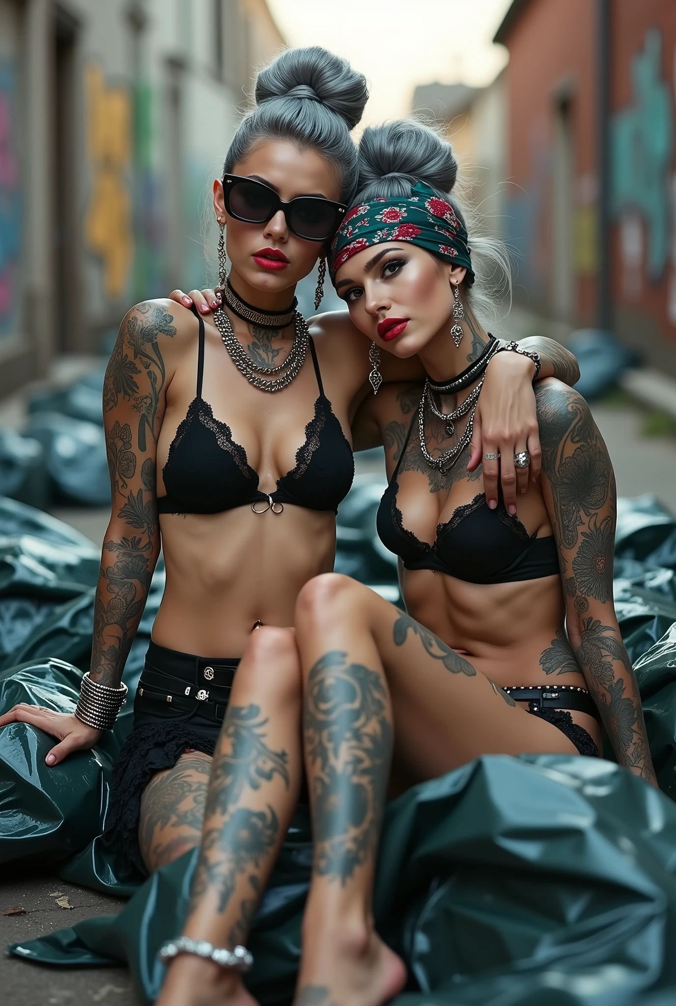 Two russian milf women: the dominant woman with power stance (arm around her partner"s shoulders, and grabbing her forearm) protecting the submissive and needy one, who leans her head on the other's chest. different clothes but same rock chic style. grey hair (bouffant, top bun) and oversized square sunglasses and wide  colourful bandana as headband. Big lips.  Black lace push up bra, silicone breast,, low rise black lace thongs. Barefoot with necklaces in ankles. Lots of thick wide studded bracelets, chain necklaces and big rings,. Long earrings with chains and feathers. Sitting on a pile of huge dark green plastic bags. Lazy, leaning back, laid back pose, separated legs. Neck, chest, stomach, feet, hands, arms and wrists heavily tattoed.  Toned abdominals, thin neck, slim legs and thin arms. Narrow hips. Full body. At a dead end street with graffitied walls, ground littered with waste . Nuns get close. Some nuns in the background get close. 