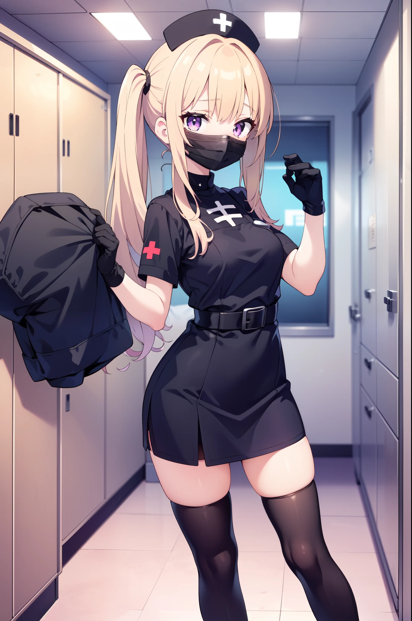 black nurse, 1girl, solo, black nurse cap, black nurse uniform, ((black legwear, zettai ryouiki)), black elbow gloves, twintails, yellow hair, purple eyes, ((black surgical mask, covered nose)), standing, ((surgery room)), sharp outline, short sleeves, best quality, masterpiece