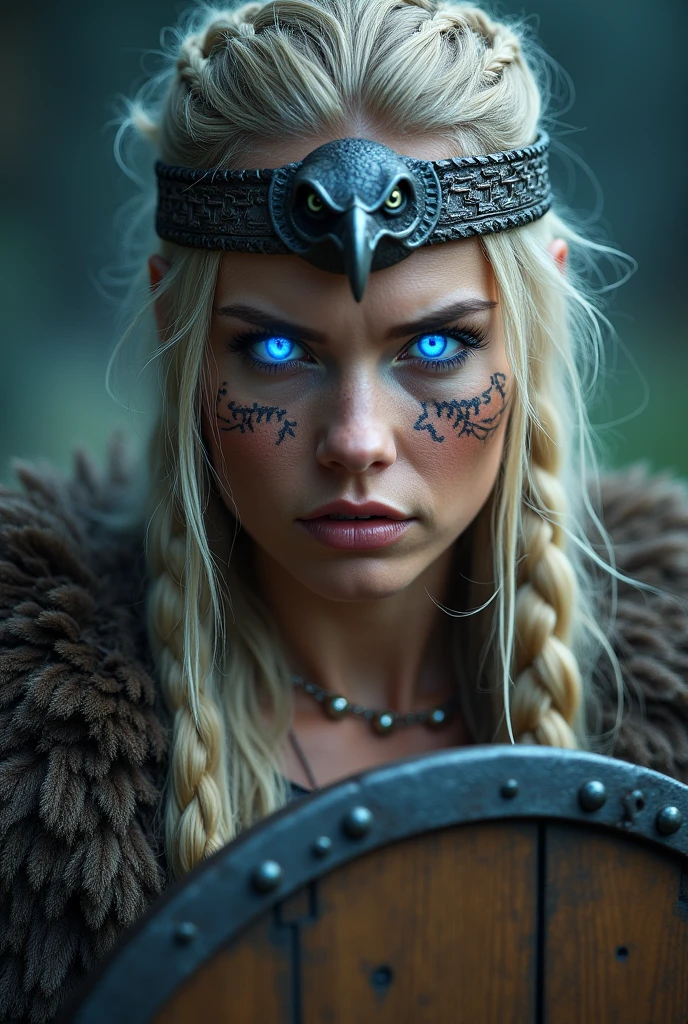 Close up face beautiful viking woman, wooden shield in hand , strong blue light in the eyes, beautiful eagle crown , viking face tattoo, Angry, bone necklace around the neck, battle armor, ready for war, braids in hair, blonde