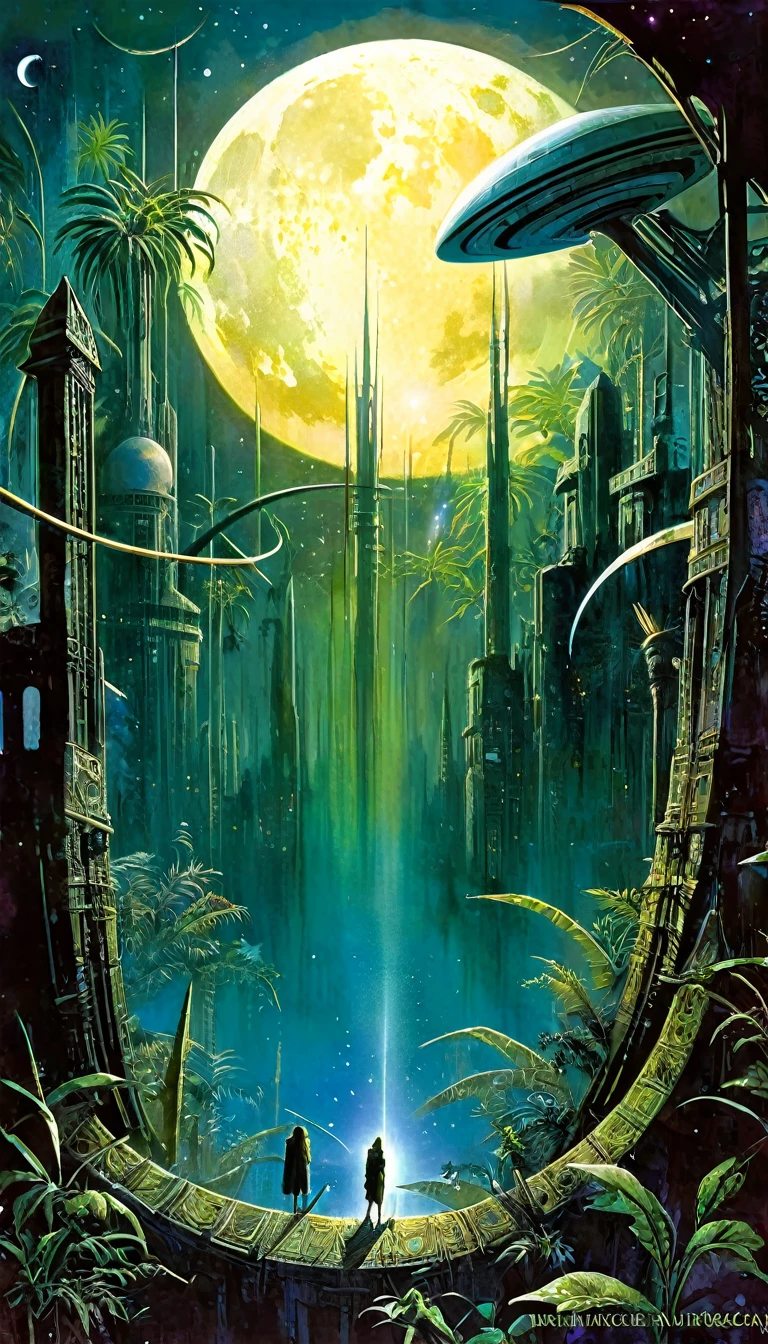 Enter the mysterious nighttime expanse of a deserted city, where moonlight cascades down on the skeletal remains of wooden structures, intertwined with the sturdy tendrils of jungle vegetation. Arriba, The cosmic tapestry is interrupted by the great spaceship. A surreal alliance of desolation and extraterrestrial presence unfolds beneath the twin moons, creating an enigmatic atmosphere over the abandoned cityscape -inspired by the art of Bill Sienkiewicz and Dave McKean
