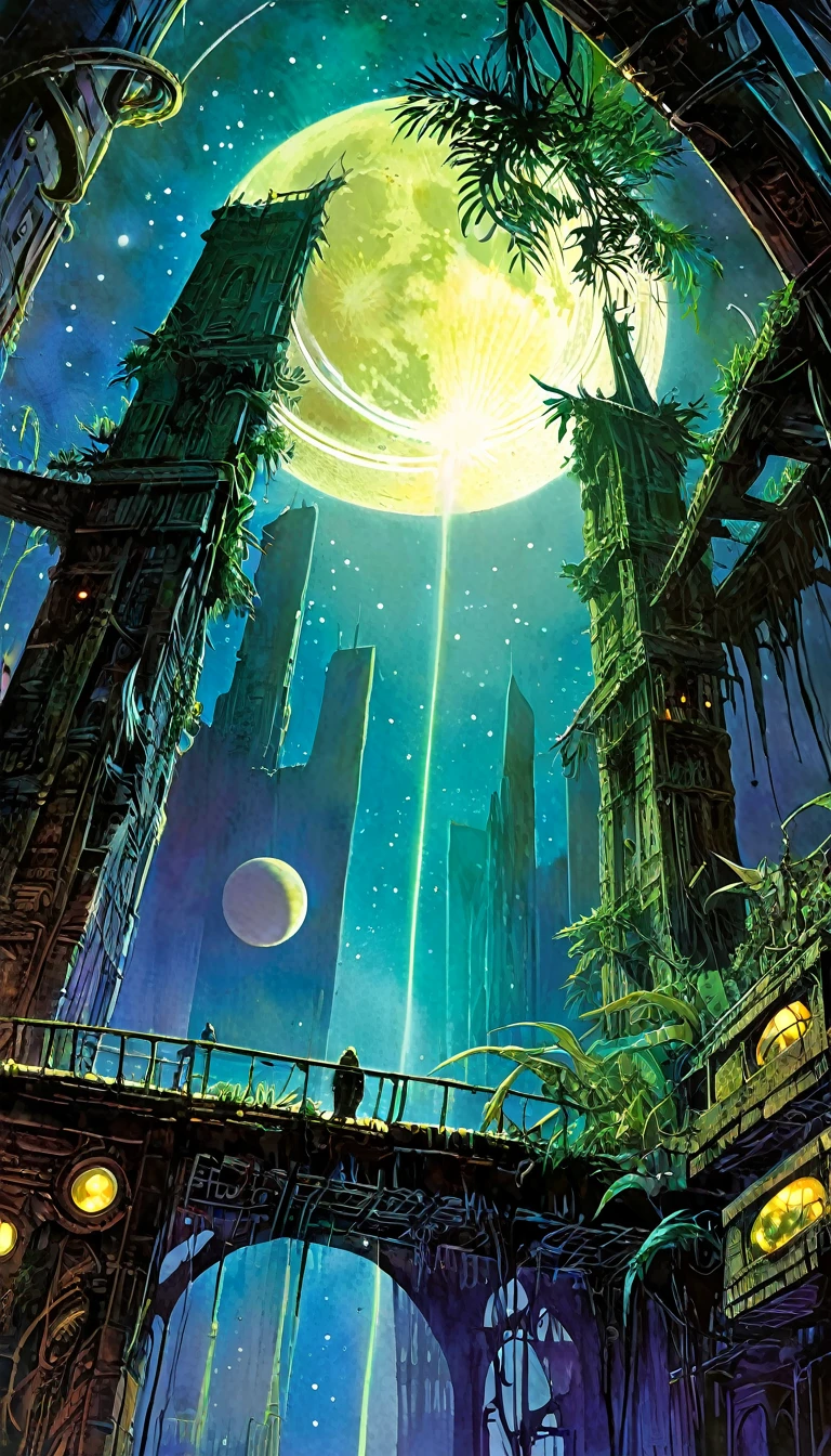 Enter the mysterious nighttime expanse of a deserted city, where moonlight cascades down on the skeletal remains of wooden structures, intertwined with the sturdy tendrils of jungle vegetation. Arriba, The cosmic tapestry is interrupted by the great spaceship. A surreal alliance of desolation and extraterrestrial presence unfolds beneath the twin moons, creating an enigmatic atmosphere over the abandoned cityscape -inspired by the art of Bill Sienkiewicz and Dave McKean