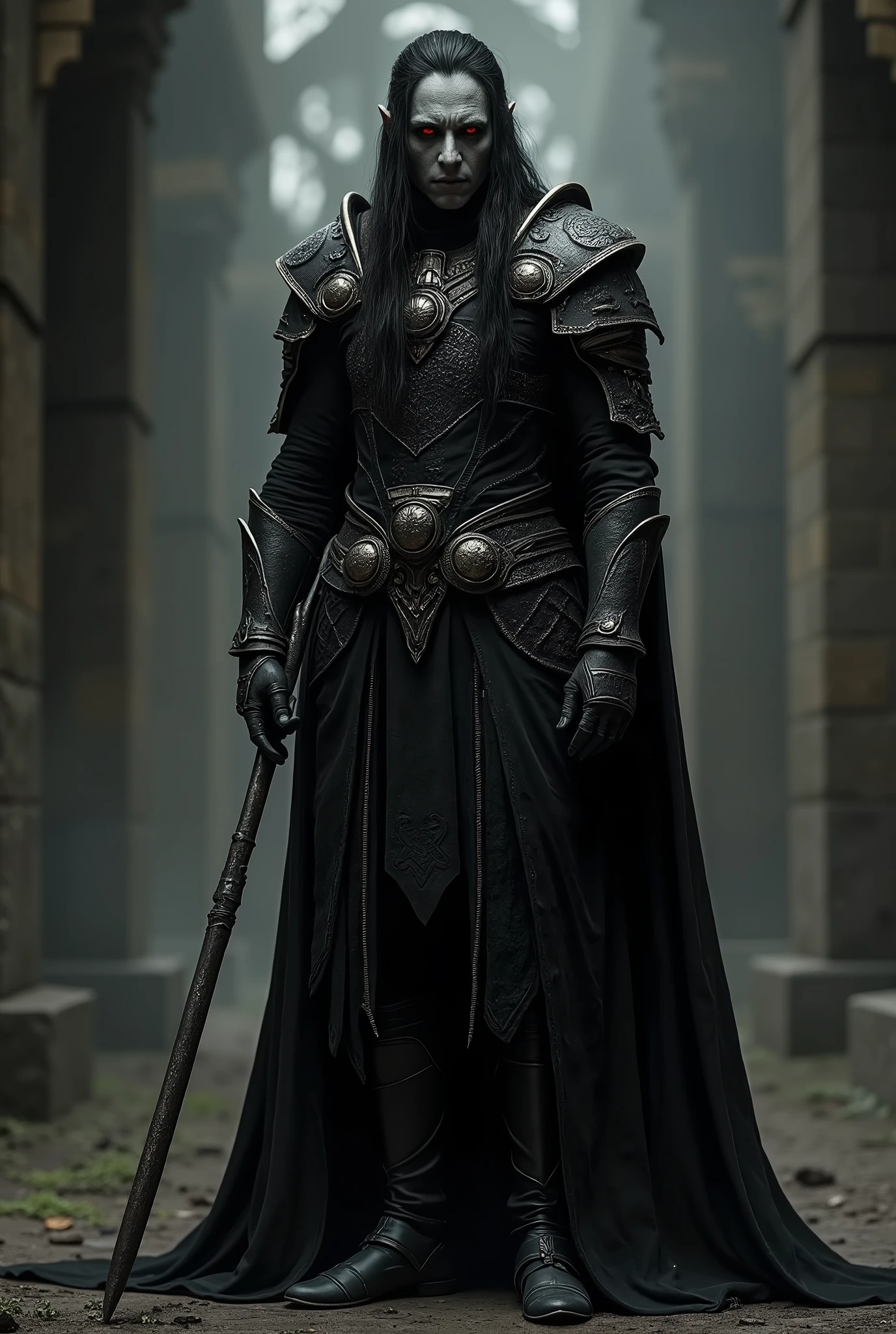 Physical Features: Draleth is a tall and lithe Dunmer with ash-gray skin and piercing red eyes that seem to burn with a cold fire. His hair is black, worn long and often tied back, and his face bears the sharp, angular features common among his race. His expression is one of quiet intensity, always calculating, always prepared to strike., Clothing: Wears a mix of Ancient Shrouded Armor and Dark Brotherhood Armor, favoring dark colors that blend with the shadows. His armor is reinforced with darkened steel, designed for both mobility and protection. He often wears a Mask of Boethiah (enchanted with Fortify Stamina or One-Handed), a gift from the Daedric Prince, symbolizing his devotion and ruthlessness.