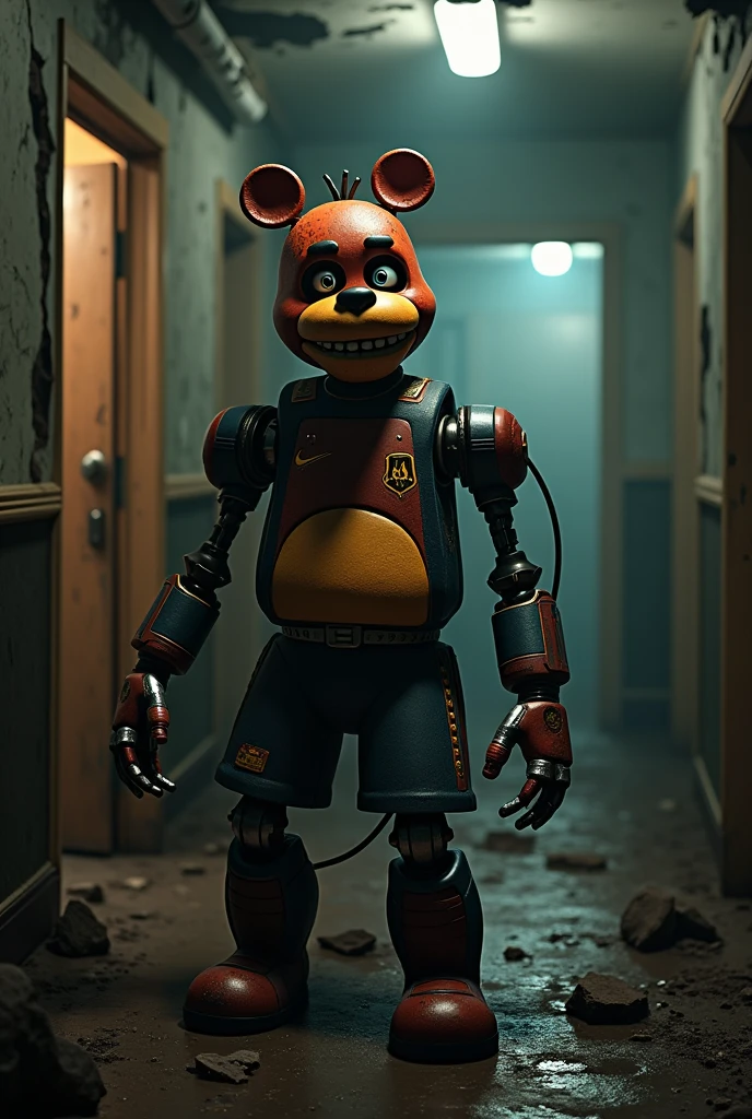 Crea una foto de messi como un animatronico de doce night ay freddy's