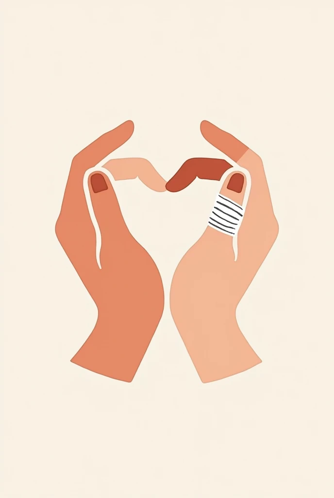 Two hands shaking hands that together form a heart. One of the hands has a injured finger, Well, it has a bandage. The image must be related to hand rehabilitation therapy. The colors must have tones according to health and rehabilitation. The image has to be a vector type to be used as a logo.