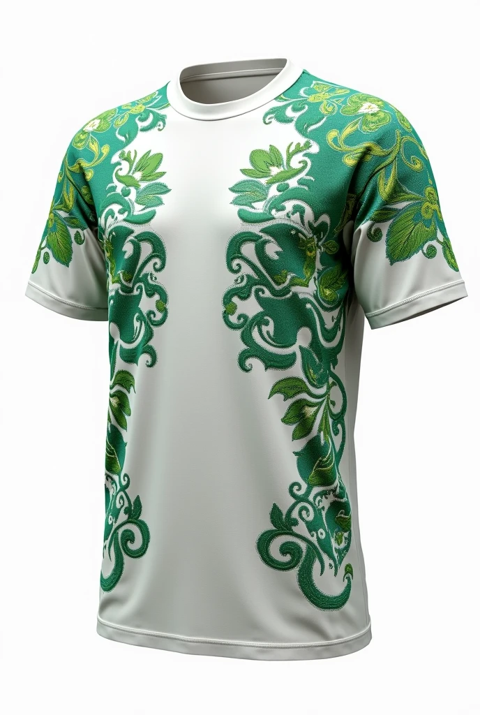 White T-shirt with green patterns and knight-inspired patches on the shoulders and side, on a white background
