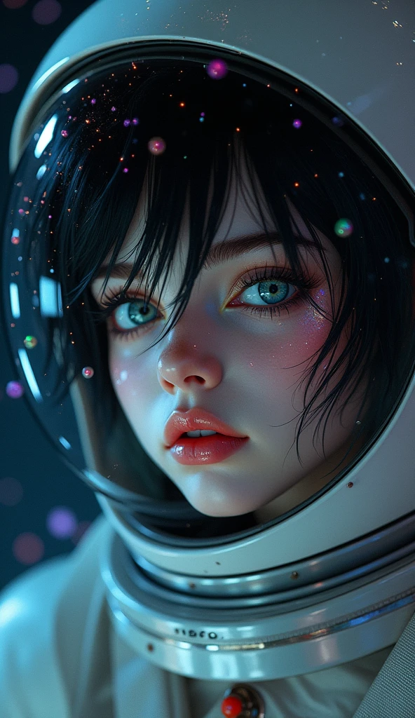 (Face close-up:1.5)0.9]、(Space and astronauts:1.2) (Messy black hair:1.1) (Heterochromia and black eyes:1.2) (Space Helmet:1.0) (Colored stars in the eyes:1.0) (Shining Sparkle:1.1) (Thick lips:0.9)、Stars reflected in the helmet々、move、tears、Water droplets inside a helmet