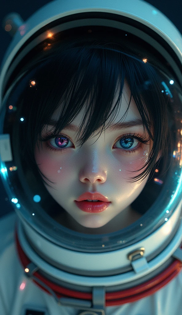 (Face close-up:1.5)0.9]、(Space and astronauts:1.2) (Messy black hair:1.1) (Heterochromia and black eyes:1.2) (Space Helmet:1.0) (Colored stars in the eyes:1.0) (Shining Sparkle:1.1) (Thick lips:0.9)、Stars reflected in the helmet々、move、tears、Water droplets inside a helmet