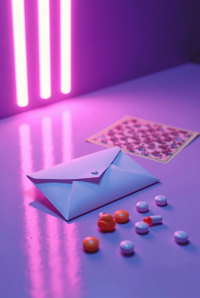 White letter envelope lying next to orange and white pills and a sheet of LSD both lying on the white floor of a nightclub with psychedelic purple neon lights