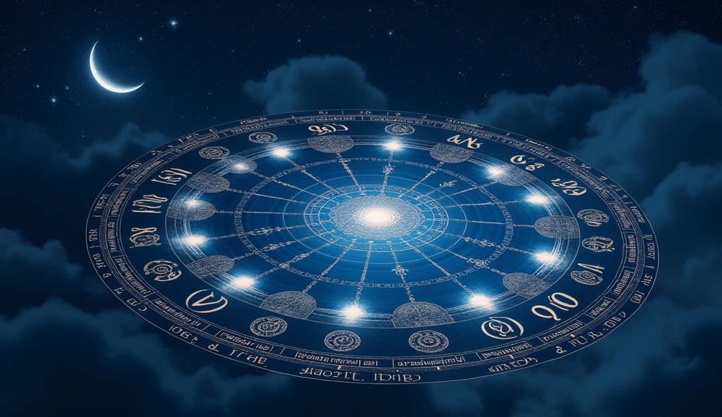 Imagine a starry night sky with a large celestial calendar. Each day of the calendar is marked with mystical symbols and numbers, representing the events and predictions we discussed. The calendar is illuminated by a soft light, emitted by a crescent moon shining in the background. The stars around the calendar are visible, reflecting the energy and mysteries of the days mentioned. Each date has symbols representing recommended actions and what to avoid., creating a visual connection to the spirituality and predictions discussed.