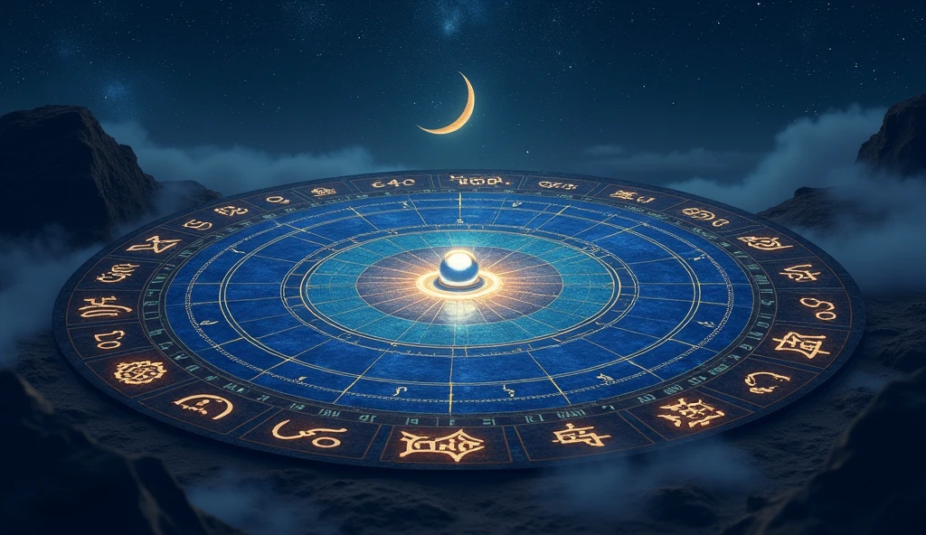 Imagine a starry night sky with a large celestial calendar. Each day of the calendar is marked with mystical symbols and numbers, representing the events and predictions we discussed. The calendar is illuminated by a soft light, emitted by a crescent moon shining in the background. The stars around the calendar are visible, reflecting the energy and mysteries of the days mentioned. Each date has symbols representing recommended actions and what to avoid., creating a visual connection to the spirituality and predictions discussed.