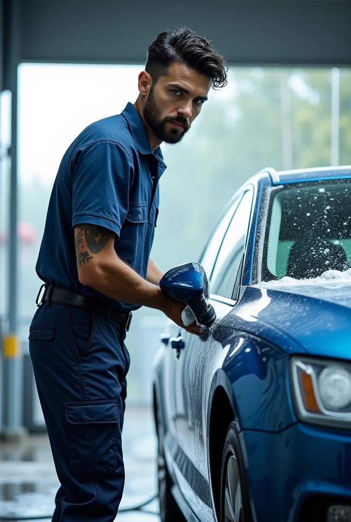 light brunette man with tattoo on his left arm, short curly black hair with low sides, thin, tall, 40 years old at a car wash, washing a metallic blue car with foam or cloth suitable for car washing, with lots of soap suds and water, realistic image, ultra hd, modern car wash, blue uniform with polo shirt. short beard and short black hair. use similarity to a photo. He has a short beard and mustache with grayish spots. A partial view of a tattoo is visible on his left forearm a little more hair on the sides, tattoo only on the left arm