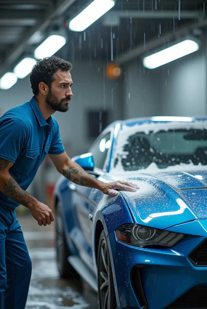 light brunette man with tattoo on his left arm, short curly black hair with low sides, thin, tall, 40 years old at a car wash, washing a metallic blue car with foam or cloth suitable for car washing, with lots of soap suds and water, realistic image, ultra hd, modern car wash, blue uniform with polo shirt. short beard and short black hair. use similarity to a photo. He has a short beard and mustache with grayish spots. A partial view of a tattoo is visible on his left forearm a little more hair on the sides, tattoo only on the left arm