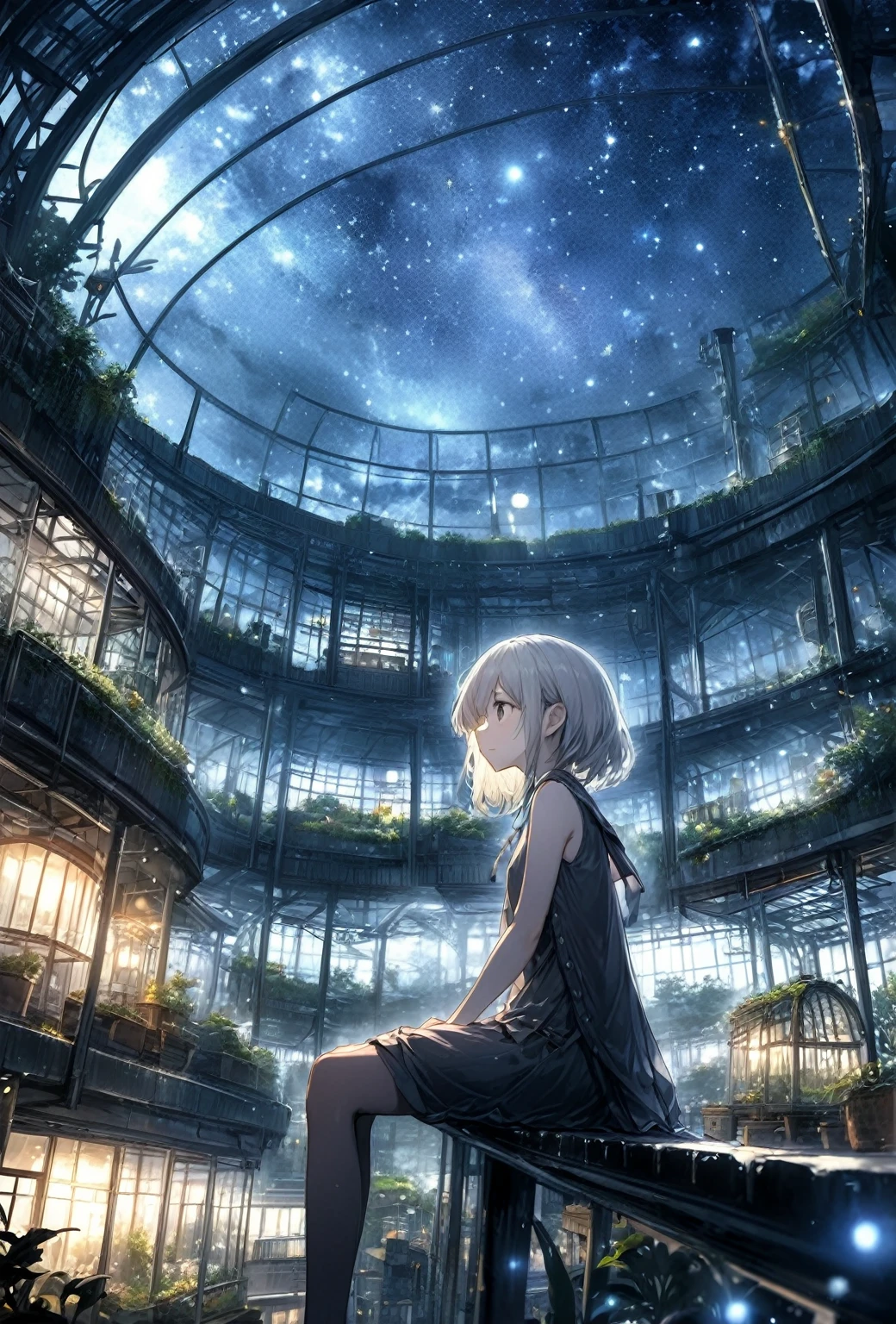 Highest quality, masterpiece, Very detailed, Detailed Background, anime, One girl, Young girl, Short girl, sf, sf, Outdoor, night, Starry Sky, greenhouse, huge structure, Biodome, Wind景, scenery, horizon, rooftop, sitting on rooftop, Wind, avert your eyes, Atmospheric lighting, Focus Only, close, From the side, Depth of written boundary, Bokeh