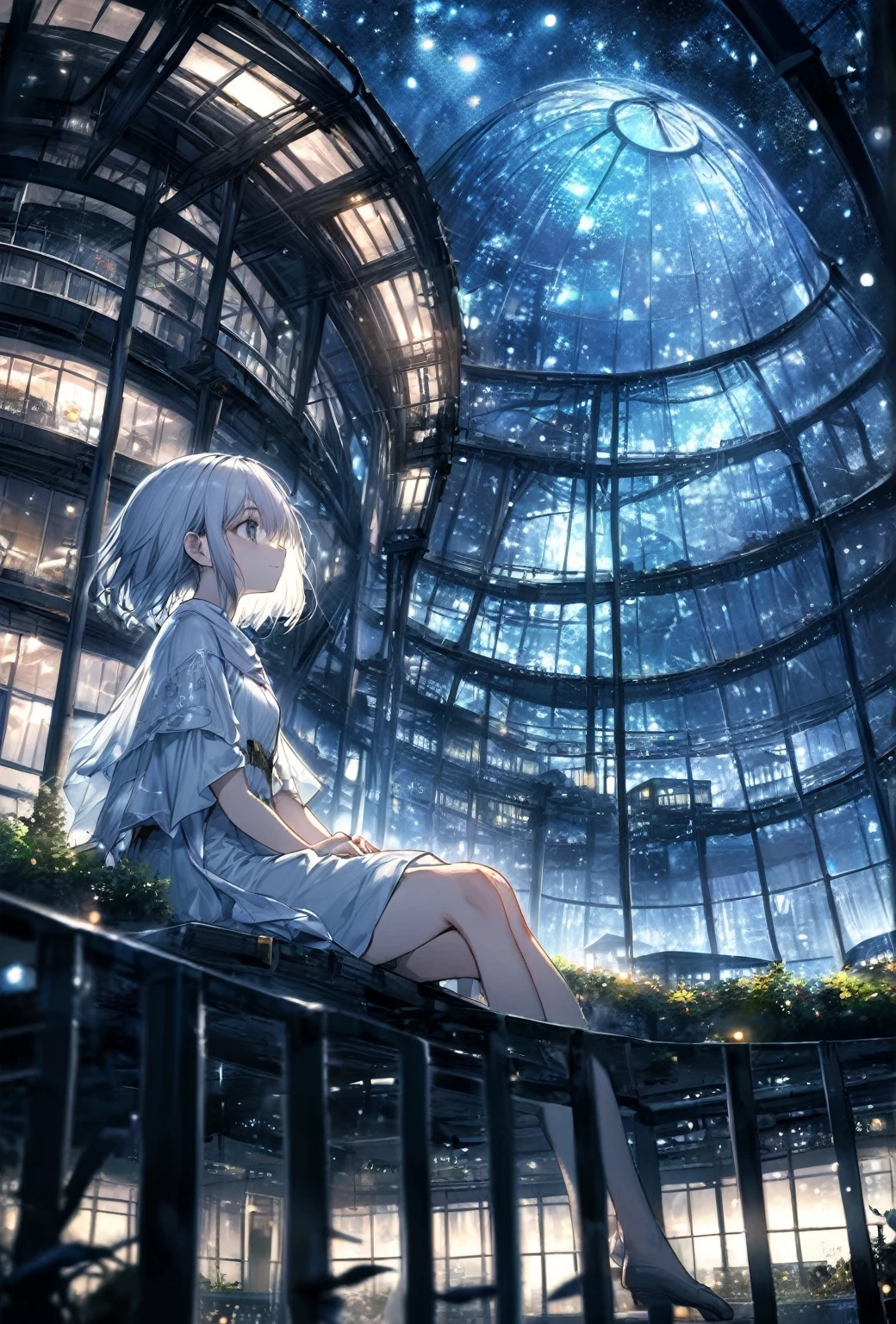 Highest quality, masterpiece, Very detailed, Detailed Background, anime, One girl, Young girl, Short girl, sf, sf, Outdoor, night, Starry Sky, greenhouse, huge structure, Biodome, Wind景, scenery, horizon, rooftop, sitting on rooftop, Wind, avert your eyes, Atmospheric lighting, Focus Only, close, From the side, Depth of written boundary, Bokeh