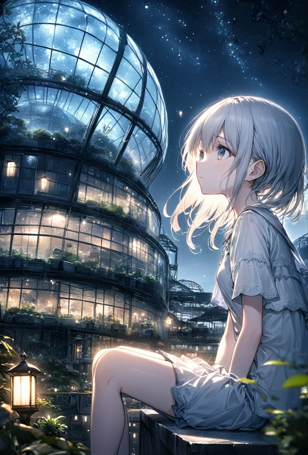 Highest quality, masterpiece, Very detailed, Detailed Background, anime, One girl, Young girl, Short girl, sf, sf, Outdoor, night, Starry Sky, greenhouse, huge structure, Biodome, Wind景, scenery, horizon, rooftop, sitting on rooftop, Wind, avert your eyes, Atmospheric lighting, Focus Only, close, From the side, Depth of written boundary, Bokeh