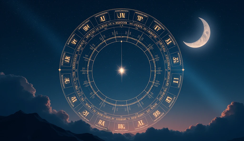 Imagine a starry night sky with a large celestial calendar. Each day of the calendar is marked with mystical symbols and numbers, representing the events and predictions we discussed. The calendar is illuminated by a soft light, emitted by a crescent moon shining in the background. The stars around the calendar are visible, reflecting the energy and mysteries of the days mentioned. Each date has symbols representing recommended actions and what to avoid., creating a visual connection to the spirituality and predictions discussed.