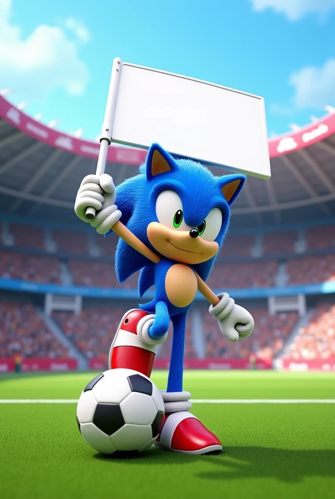 CREATE A HAPPY 3D SONIC STEPS ON A SOCCER BALL AND IN HIS HANDS HOLDING A WHITE SIGN WITH A BACKGROUND OF A SOCCER STADIUM AND A 1 MT X 1 MT ATHLETIC TRACK