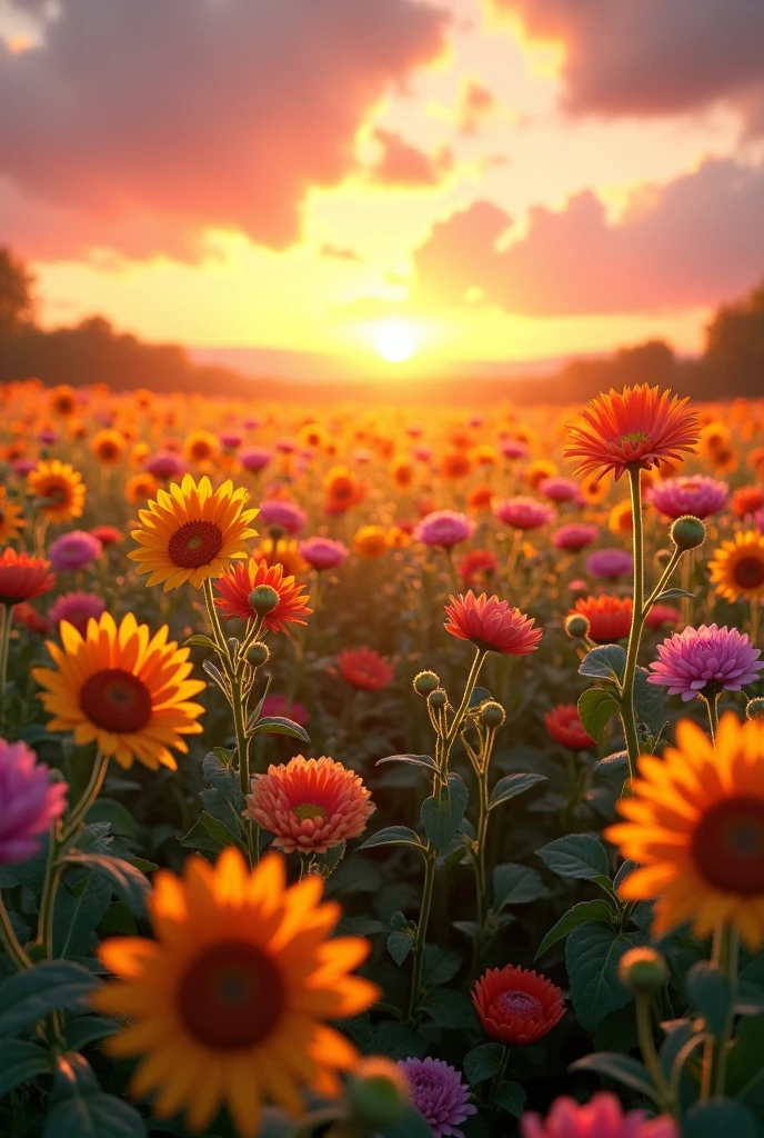 flower field with realistic sunset background
