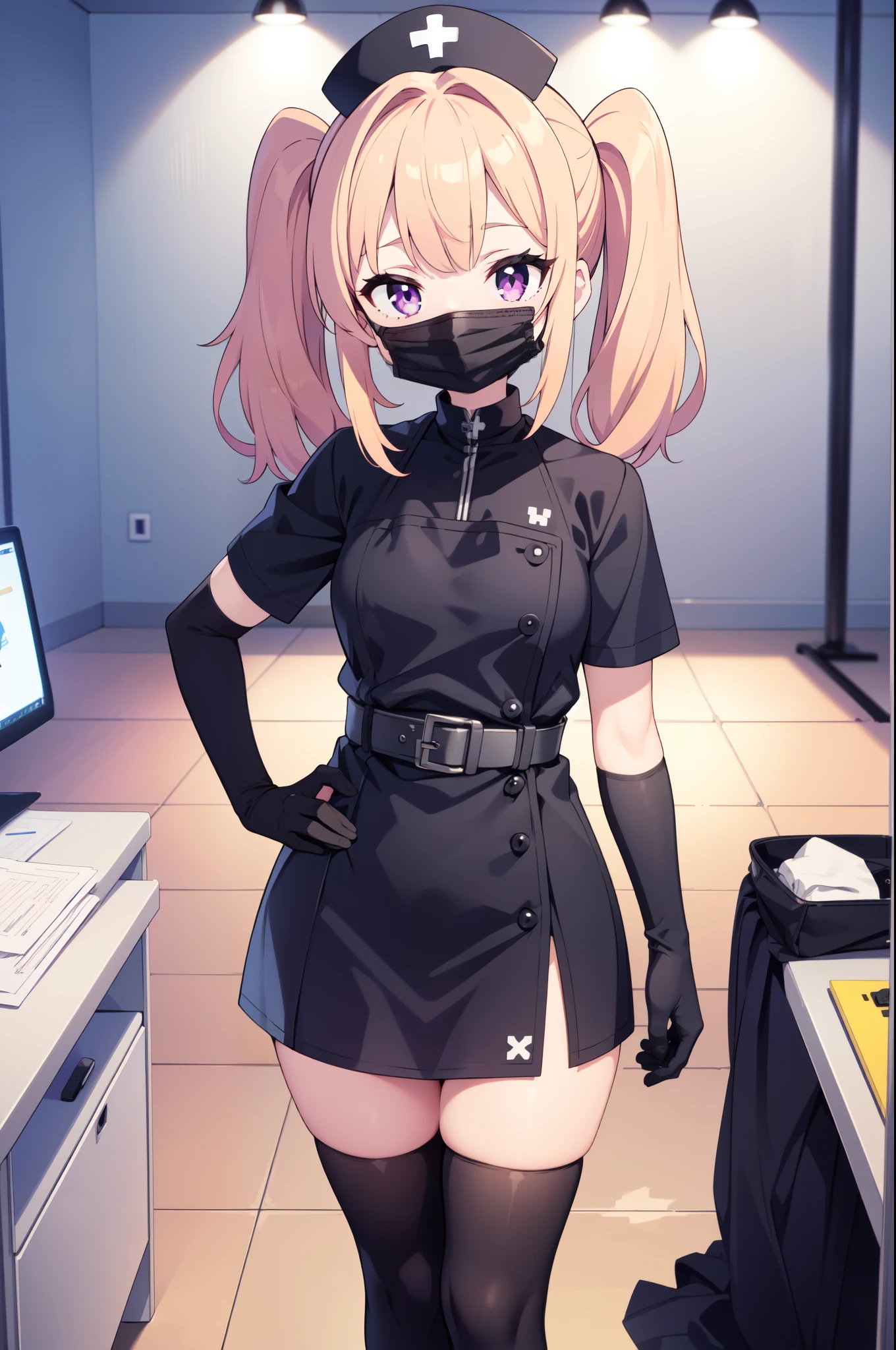 black nurse, 1girl, solo, black nurse cap, black nurse uniform, ((black legwear, zettai ryouiki)), black elbow gloves, twintails, yellow hair, purple eyes, ((black surgical mask, covered nose)), standing, ((surgery room)), sharp outline, short sleeves, best quality, masterpiece