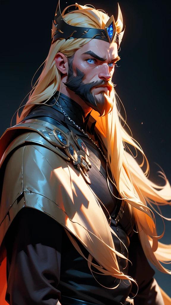 envision a 8k, highres, cinematic full body concept art design of a strong face fierce warrior posing for battle with a muscular body, big beard with sleek long flowing blonde hair, and blue eyes shirtless wearing and a skull crown face mask effects against a dark gray background