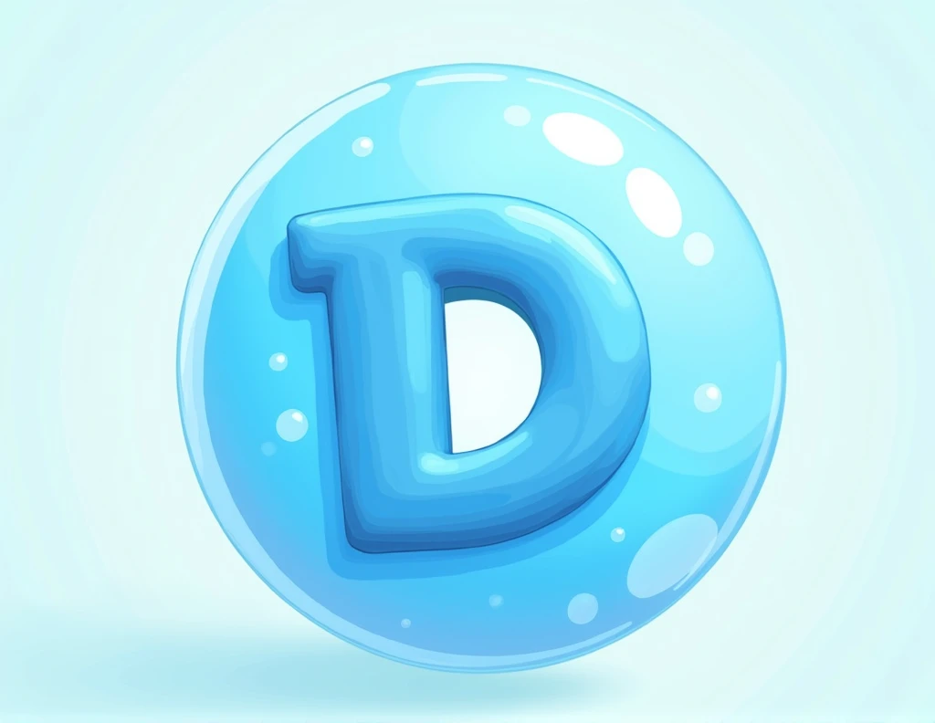 blue bubble with blue letter D inside in cartoon font