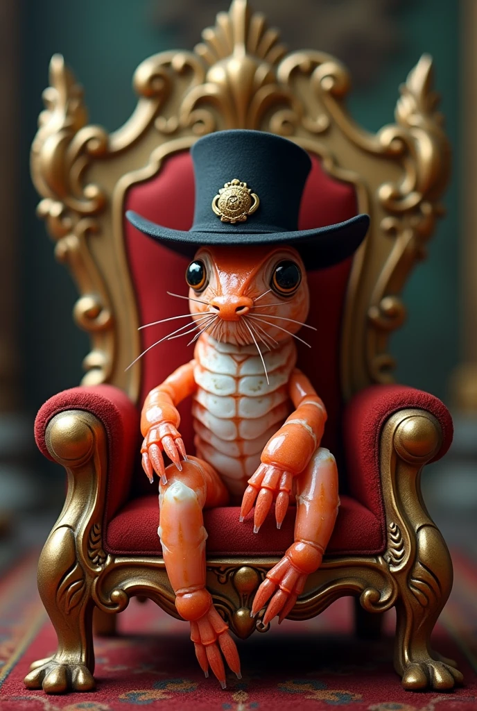 A shrimp sitting on a throne with a black hat
