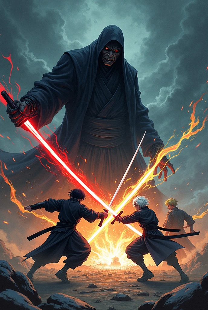 A final manga fight scene between a young man in a black-haired outfit who carries a katana that has a red aura, his old master man who has white hair who carries a katana with a white aura and his best friend boy with blond hair who carries a katana with a yellow aura against a villain who has the power to summon shadows