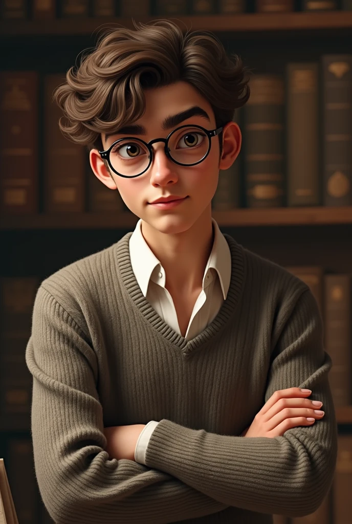 Tall boy short brown curly hair, Italian factions, thesis clara, dressed in a sweater over a shirt and with round glasses. in realistic style