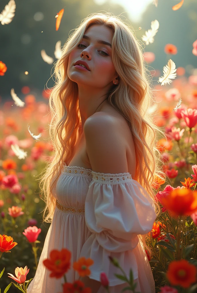 Sabrina carpenter on a colorful flower field, white feathers falling burning, full body