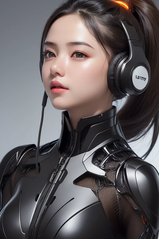 Top Quality, Masterpiece, Ultra High Resolution, (Photorealistic: 1.4), Raw Photo, 1 Girl, Black Hair, Glossy Skin, 1 Mechanical Girl, (((Ultra Realistic Details)), Portrait, Global Illumination, Shadows, Octane Rendering, 8K, Ultra Sharp, Intricate Ornaments Details, realistic skin, sweat effect, ((wearing Headphone)), very intricate detail, realistic light, CGSoation trend, brown eyes, glowing eyes, matte black and glossy orange mechanical bodysuit, Long hair, black hair, Ponytail hair, full body shot, spaceship bridge background, dynamic pose, close up, Laughing, Ray Tracing, 