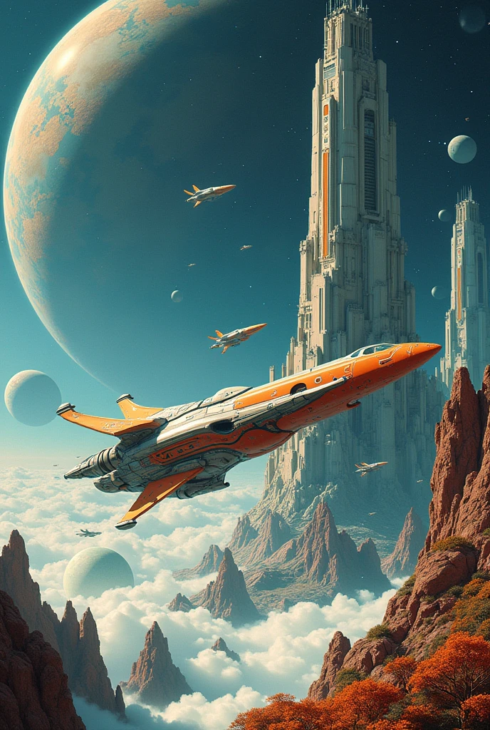 by John Berkey colorful space, organic spaceships, photorealistic space station, space traffic, celestial bodies, volumetric lighting, Syd Mead, Frank Frazetta, John Berkey, brutalism
