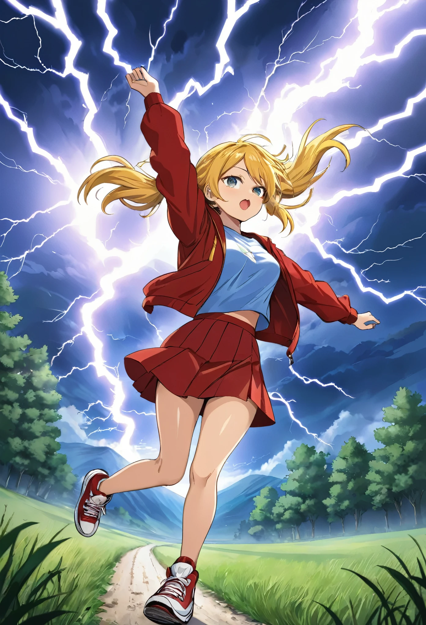 Light blue long hair、Twin-tailed Girl, Flowing hair and a stern face, Running through the forest、Mountain ranges can be seen、Splash Art、She is wearing an oversized red jacket., Casual T-shirt, Short skirt, Pair with sneakers. Lightning from the sky、 A flash of light runs、Facial highlights、The girl is depicted in an action pose, Unleash your energy and adventurous spirit, A gentle breeze blows through her hair. anime girl in a field With Lightning in the sky, Goddess of Thunder, Lightning flashes behind her, With Lightning, detailed lighting and thunder, She attracts lightning, 