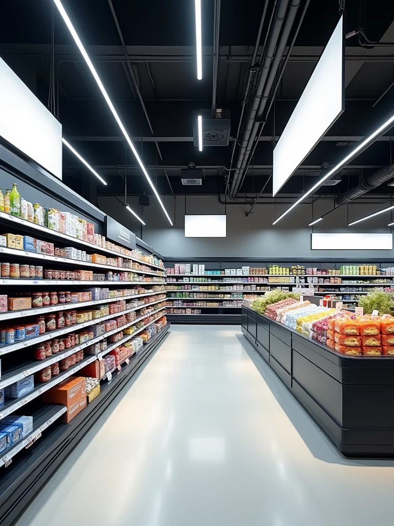 supermarket commercial environment in modern industrial style with visual communication , with banners hanging from the ceiling , stickers on the wheel and roof ,WITH LIGHTING , sign in XPS and on the gondola head PVC plates adhesive with product information