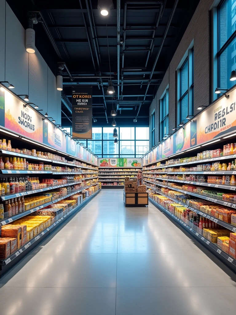 supermarket commercial environment in modern industrial style with visual communication , with banners hanging from the ceiling , stickers on the wheel and roof ,WITH LIGHTING , sign in XPS and on the gondola head PVC plates adhesive with product information