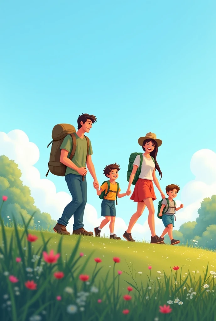 Family hiking on a small hill in spring ,The background color of the poster is mainly bright sky blue,The entire picture requires about 1 horizontal character/3