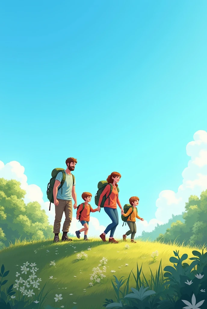 Family hiking on a small hill in spring ,The background color of the poster is mainly bright sky blue,The entire picture requires about 1 horizontal character/3