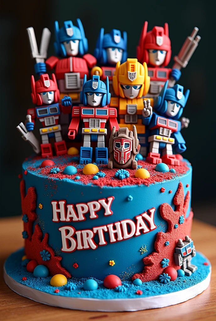 Imagine a magnificent fondant birthday cake adorned with 3D designs of edible miniature transformer robots and vibrant colors. The bold "Happy Birthday Art - Of - Han" edible sticker shown at front side view of the cake