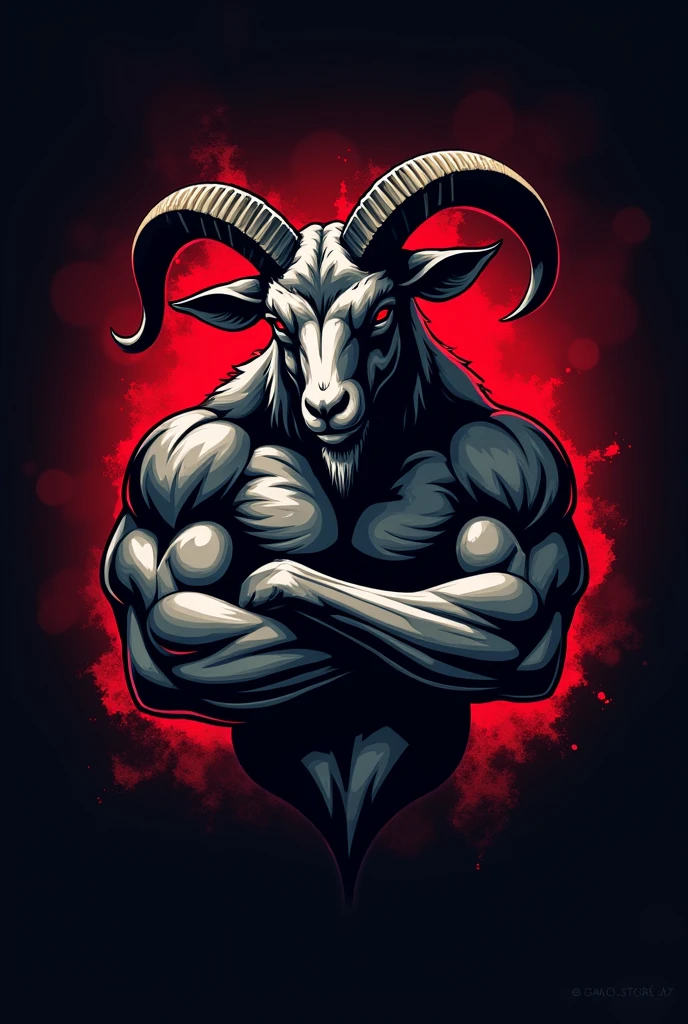 I need a logo of a goat posing with the letters goats.store47 with a dark background and red details so that only the torso can be seen