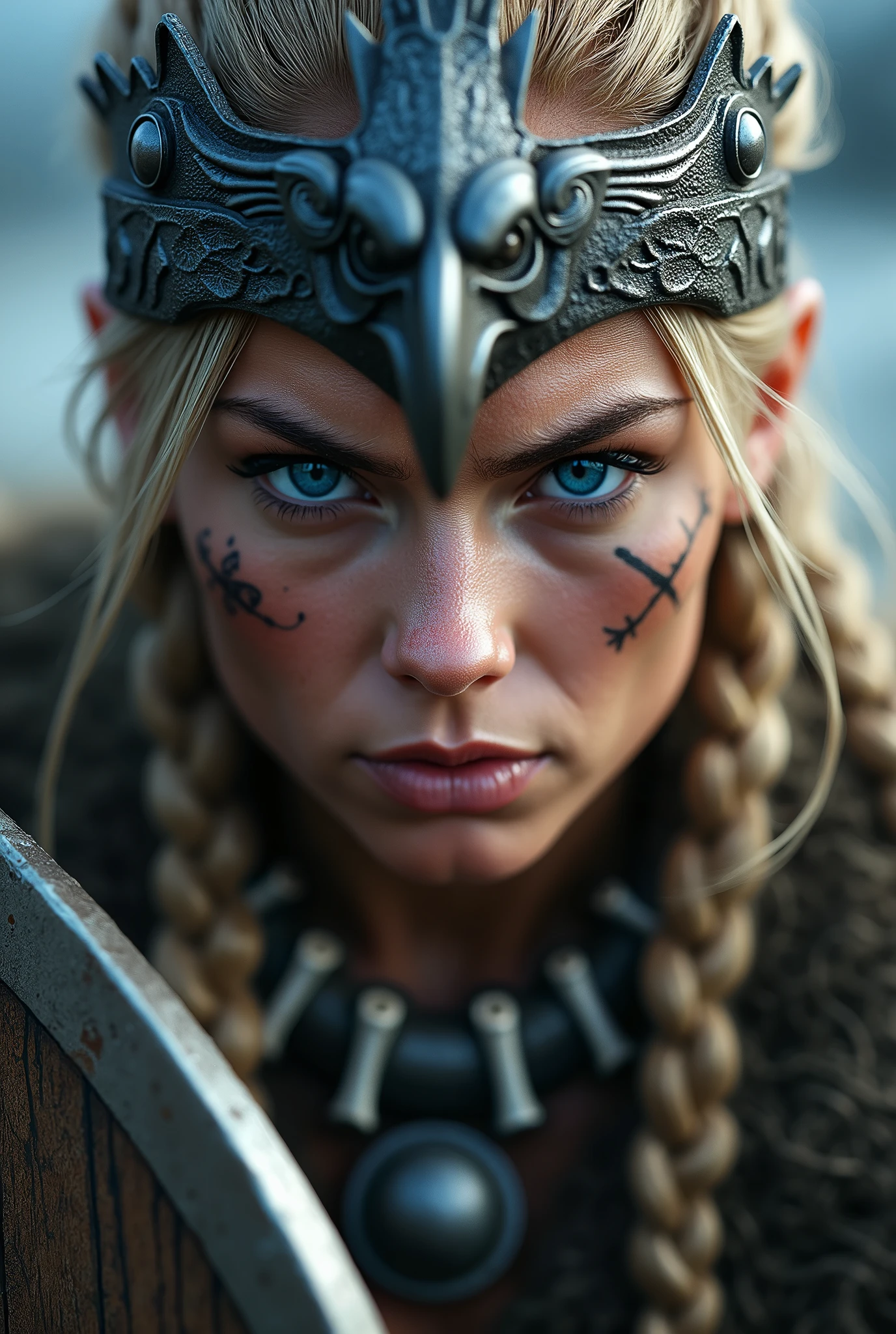 Close up face beautiful viking woman, wooden shield in hand , strong blue light in the eyes, beautiful eagle crown , viking face tattoo, Angry, bone necklace around the neck, battle armor, ready for war,focused ,braids in hair, blonde