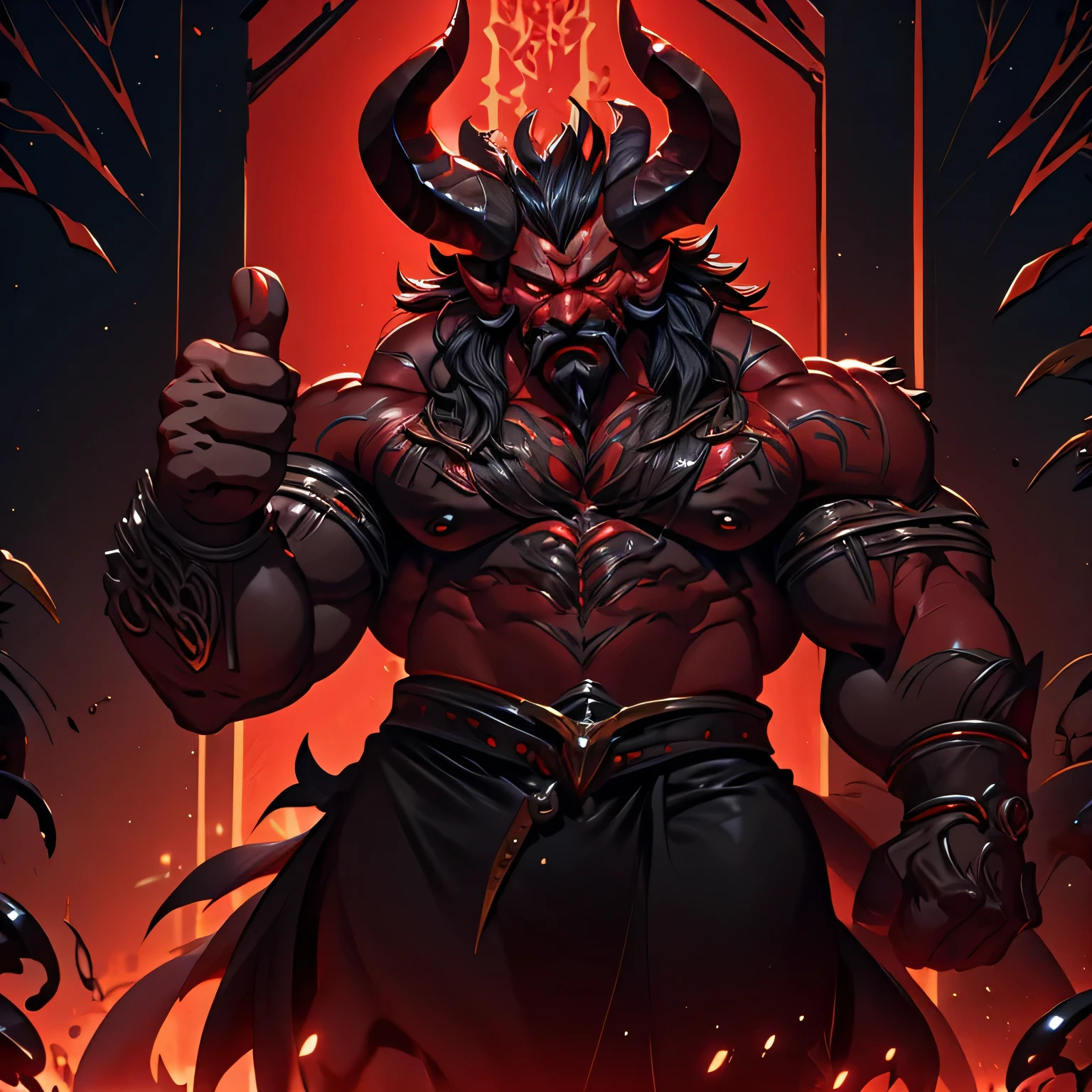 rpg daddy character, half-human demon red skin muscular, long black hair, goatee and mustache, horns pointing forward,big muscle,