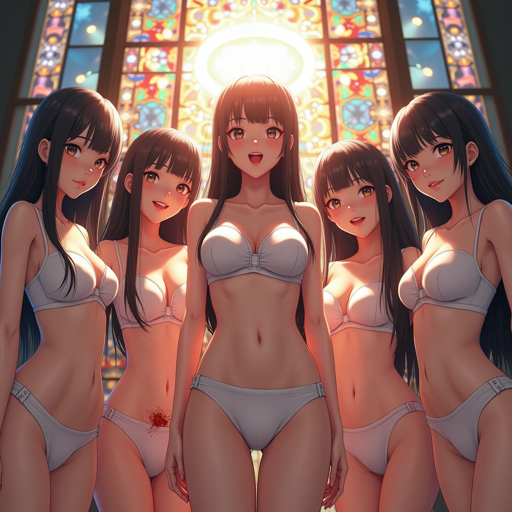(NSFW:-1) . White and Red, (Dazzling colorful light pours down and reflects:1.2), (Physically-based Rendering with incredible detailed Textures), Award-winning Masterpiece of professional Analogue photograpy, { (((Photorealistic:1.37)))) | (F4.0, Canon) }, ((Acutance:0.85)) . (A group photo of many KAWAII girls in (school uniform)) with opened Overflowing Gigantic Cleavage without bra . (((Extremely detailed KAWAII face variations)) with joyful expressions), { Systemic | Glossy cute Lips Closeup | Navel | (pretty Ass) | (Overflowing underboob) | Oiled ivory skin Details | White panties with (blood seeping only in crotch area) | (full of Flowers covering girl's body) | ((Dazzling colorful stained glass with stunning elaborate details:1.2)) | Mystic sight | A Floating Halo appears | God rays | Haze | Lens flare | Zoom Layer | Kissing face to face } . Ultra-detailed, (Exposed:0.8), (((nipple:-0.9))), (Realistic:1.6)